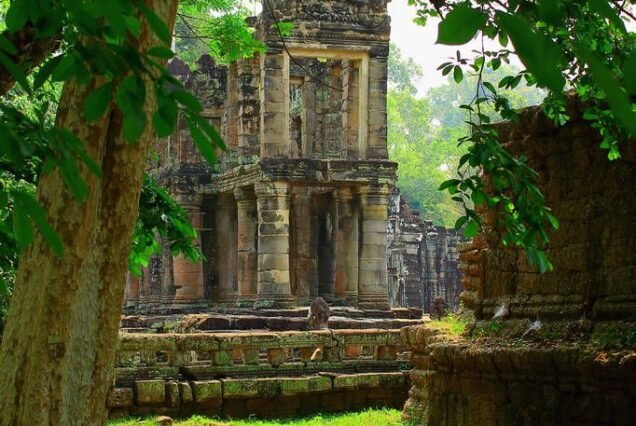 Ancient ruins of an abandoned Preah Khan Temple in the jungle at Angkor Wat complex, Siem Reap, Cambodia. Restored heritage of Khmer architecture in the modern world. UNESCO World Heritage site